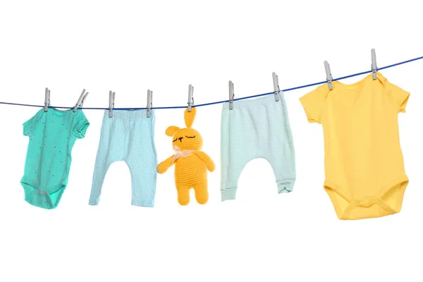 Colorful Baby Clothes Toy Drying Laundry Line White Background — Stok fotoğraf