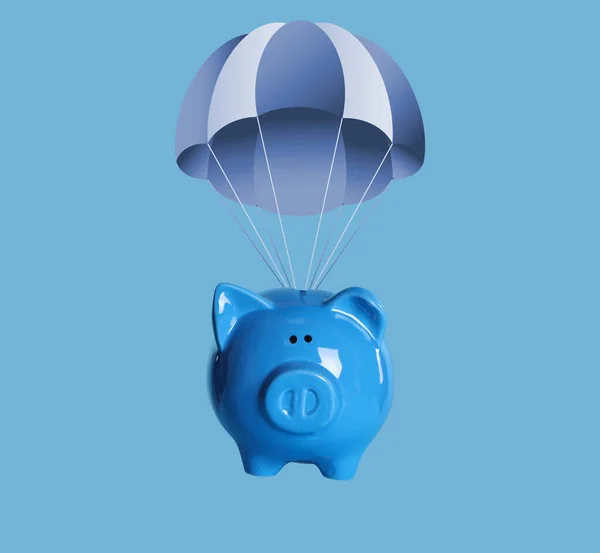 Cute Piggy Bank Parachute Flying Blue Background — 图库照片