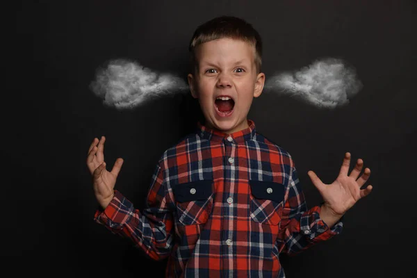 Aggressive Little Boy Steam Coming Out His Ears Black Background — ストック写真