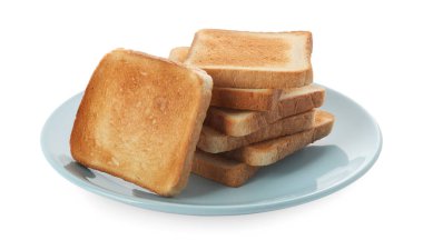 Plate with slices of delicious toasted bread on white background