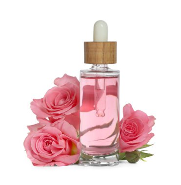 Bottle of essential rose oil and flowers on white background