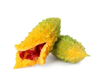 Fresh ripe bitter melons on white background