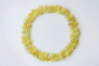 Frame made of beautiful linden blossoms on white background, flat lay. Space for text