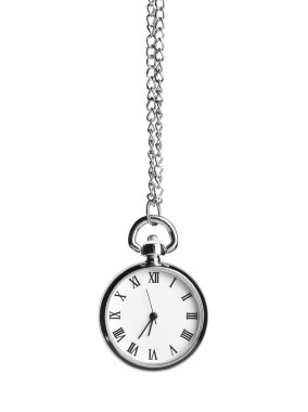 Beautiful vintage pocket watch with silver chain isolated on white. Hypnosis session