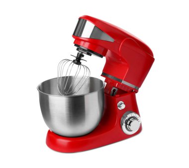 Modern red stand mixer isolated on white