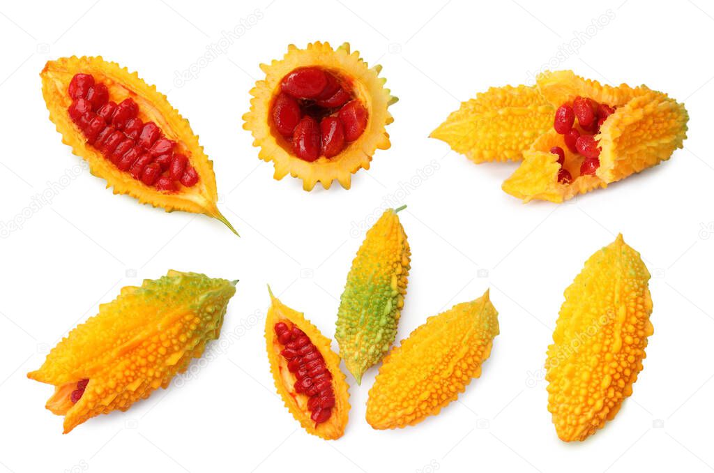 Set with bitter melons on white background