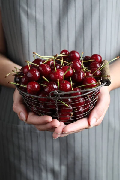 Woman holding metal basket with sweet juicy cherries, closeup