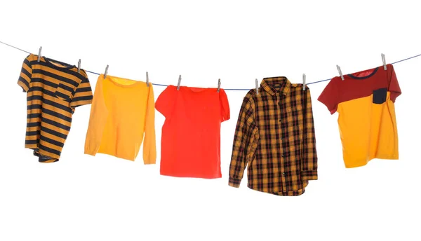 Different Bright Clothes Drying Washing Line White Background — 图库照片