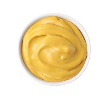 Spicy mustard in bowl isolated on white, top view