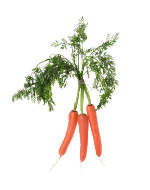 Bunch of tasty ripe carrots on white background