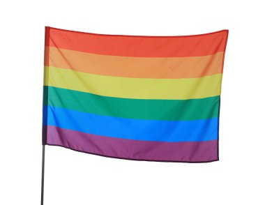 Bright rainbow LGBT flag fluttering on white background. Lesbian concept