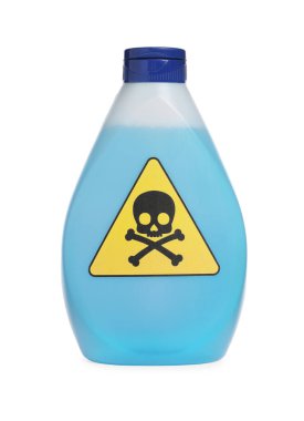 Bottle of toxic household chemical with warning sign isolated on white