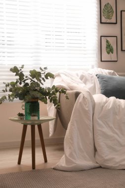 Şık oda içinde battaniyesi olan rahat bir kanepe.