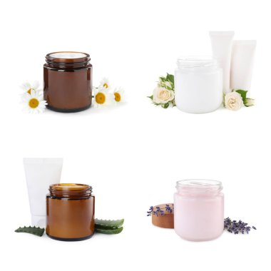 Set of different containers with hand creams on white background