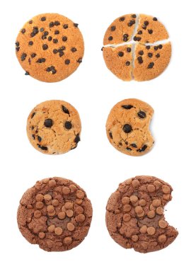 Set with delicious chocolate chip cookies on white background, top view