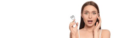 Emotional woman with eyelash curler on white background, space for text. Banner design