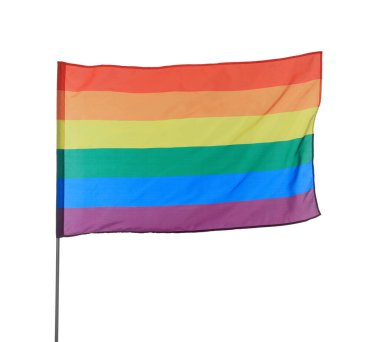 Bright rainbow LGBT flag fluttering on white background. Lesbian concept