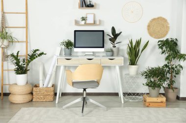 Comfortable workplace with modern computer and different houseplants in room