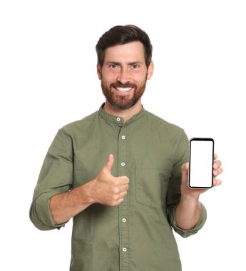 Happy man with phone showing thumb up on white background