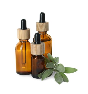Bottles of essential oil and sage on white background