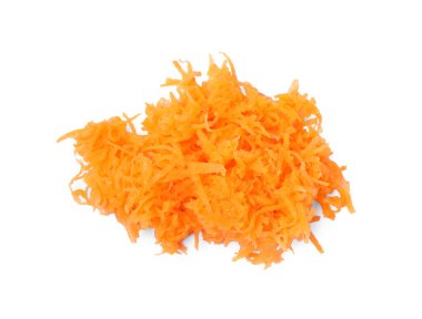 Pile of fresh grated carrot on white background, above
