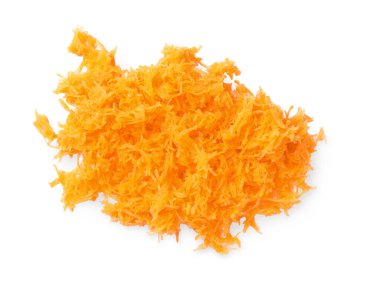 Pile of fresh grated carrot on white background, top view