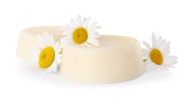 Solid shampoo bars and chamomiles on white background. Hair care