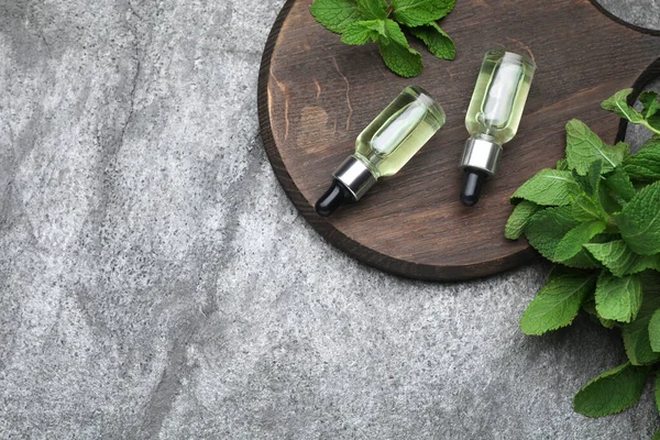 Flaschen Mit Ätherischem Und Minze Auf Grauem Tisch Draufsicht Raum — Stockfoto