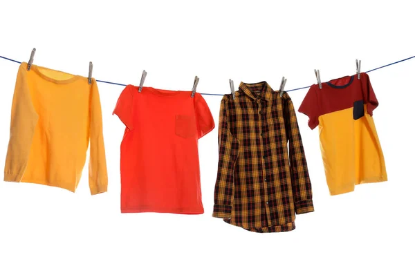 Different Bright Clothes Drying Washing Line White Background — 스톡 사진