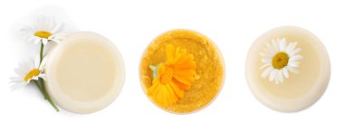 Set with solid shampoo bars on white background, top view. Hair care