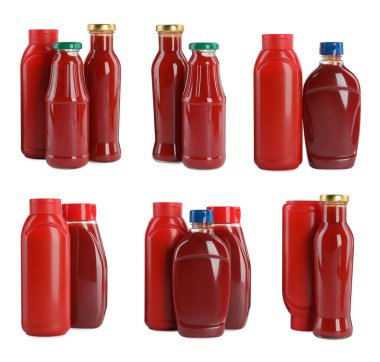 Set with different bottles of ketchup on white background