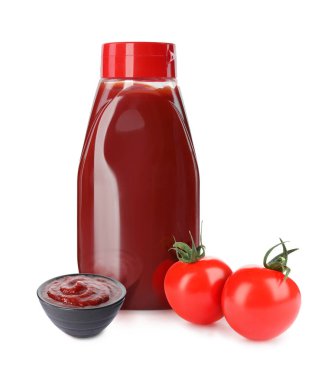 Tasty ketchup and fresh ripe tomatoes on white background