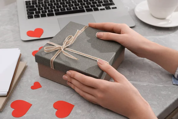 Woman Gift Box Light Grey Marble Table Closeup Valentine Day — Foto Stock