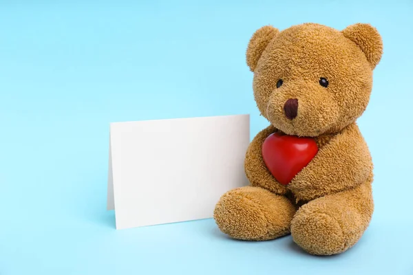 Cute Teddy Bear Red Heart Blank Card Light Blue Background — Photo