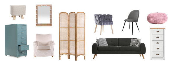 Collection of different stylish furniture on white background. Banner design