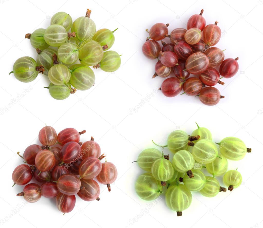 Set with fresh ripe gooseberries on white background, top view
