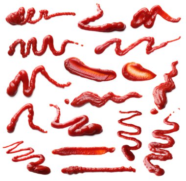 Set with tasty ketchup on white background