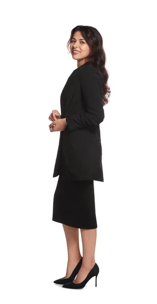 Full Length Portrait Hostess Uniform White Background — Stock Photo, Image