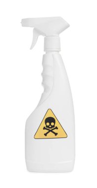 Bottle of toxic household chemical with warning sign isolated on white