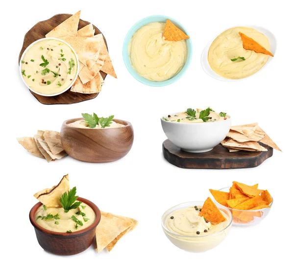 Set with delicious hummus with pita chips on white background