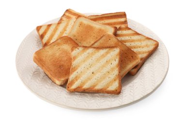 Plate with slices of delicious toasted bread on white background
