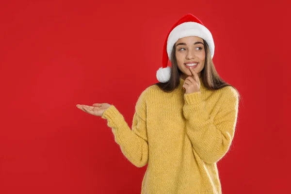 Happy Woman Santa Hat Red Background Space Text Christmas Countdown — Photo