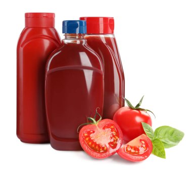 Tasty ketchup and fresh ripe tomatoes on white background