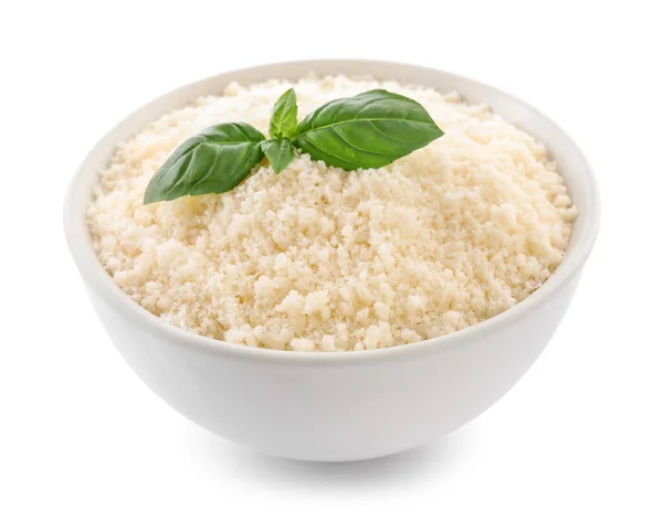 Bowl Grated Parmesan Cheese Basil Isolated White — Stock Fotó