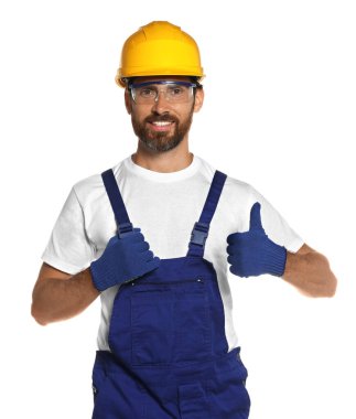 Professional builder in uniform isolated on white