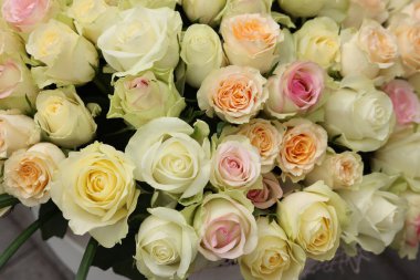 Bouquet of different beautiful roses, above view