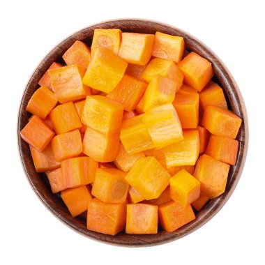 Bowl of delicious diced carrots isolated on white, top view