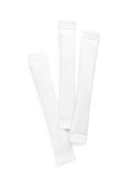 Paper sticks of sugar on white background, top view