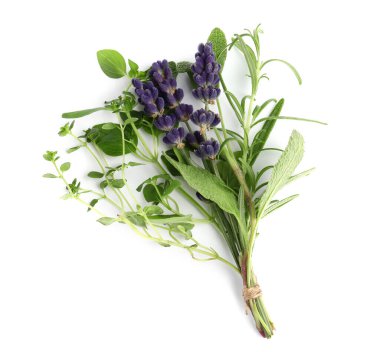 Bunch of fresh aromatic herbs on white background, top view