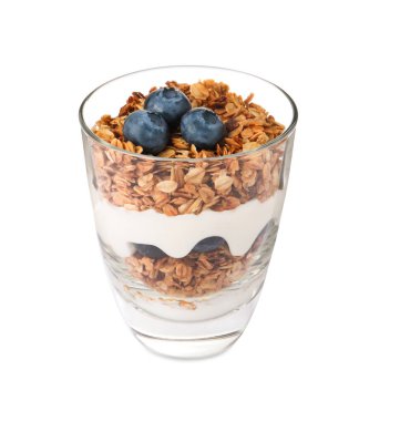 Glass of tasty yogurt with muesli and blueberries isolated on white